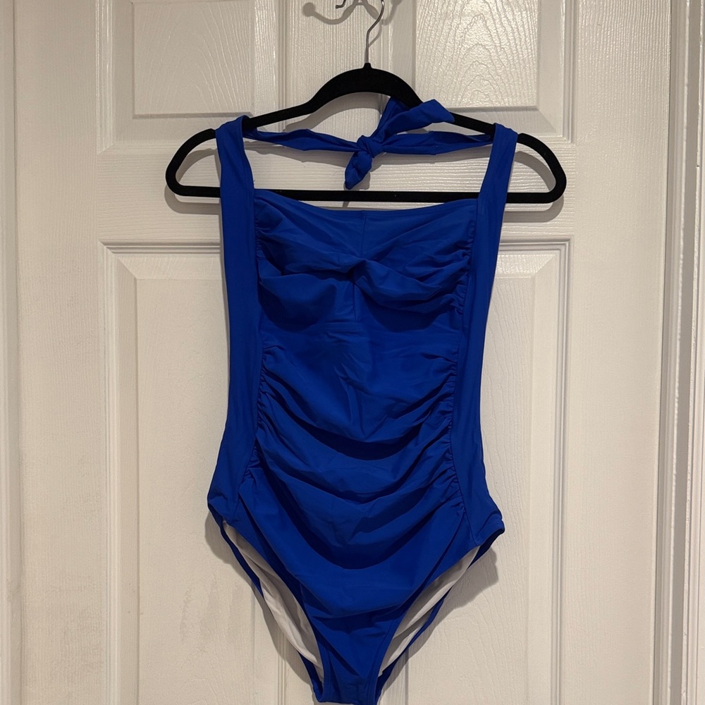 Sleek Royal Blue One-Piece Swimsuit with Halter Tie